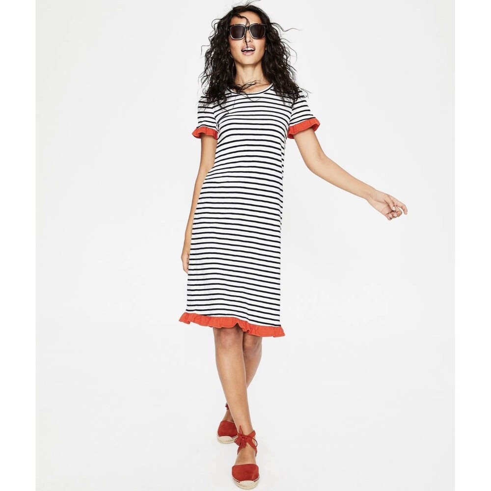 BODEN Emily Jersey Striped Cotton Dress 8R Ruffle Trim Short Sleeve‎ Women J0205